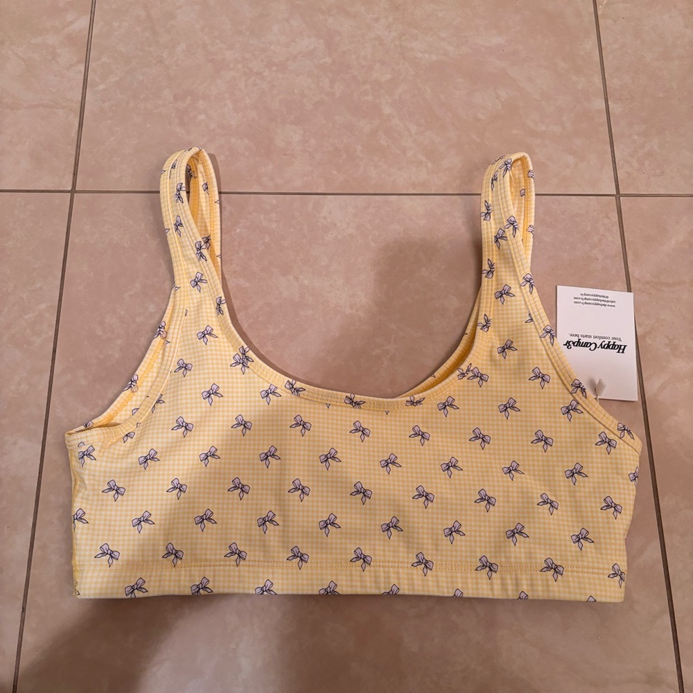 NWT Happy Camp3r yellow with purple bow sports bra/ bralette. Size large